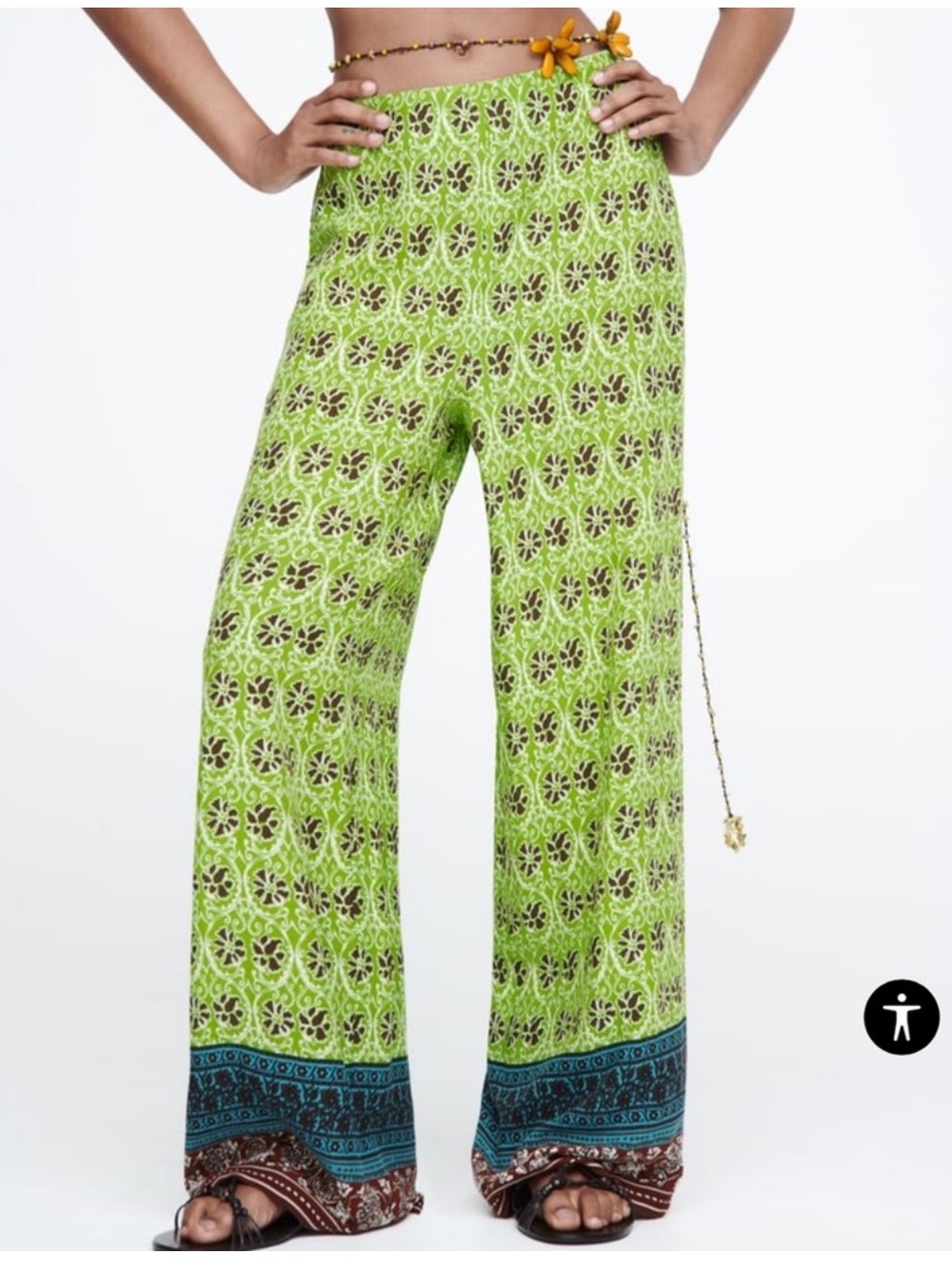 Zara Green Floral Border Print Wide Leg Palazzo Pants Size XL 6231